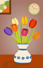 Dutch vase scene with tulip flowers bouquet scene illustration for cards