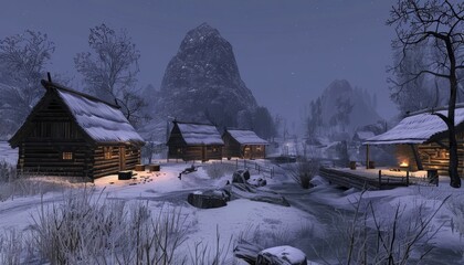 Snowy alpine village in late evening winter with a stream flowing through the tranquil scenery.