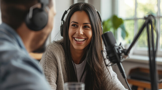 A smiling woman is being interview by a podcaster man. Generative AI.