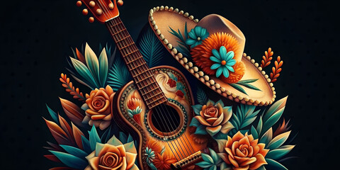 Traditional mexican sombrero and guitar with flowers on dark background for festive dia de los muertos and festival cinco de mayo Mexico. Day of the dead or all saints day - obrazy, fototapety, plakaty