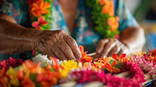 Fototapeta Senior hands making lei with vibrant tropical flowers