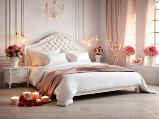 White bed for couples in a romantic and warm atmosphere. Love the Valentine concept design.