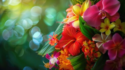 Vibrant tropical flowers with soft bokeh effect in a dreamy garden