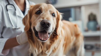 Smiling golden retriever getting checked by a veterinarian