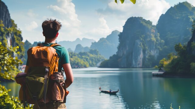 Backpacker admiring view in lush mountain landscape