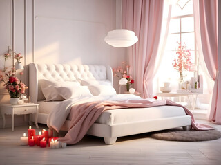 White bed for couples in a romantic and warm atmosphere. Love the Valentine concept design.