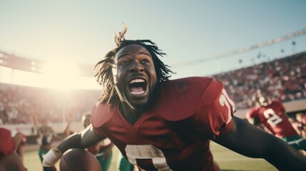 American football player celebrating victory and touchdown. Emotional celebration of winning the game.  - obrazy, fototapety, plakaty