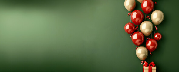 paquet cadeau avec des ballons baudruches rouge et kaki clair, presque doré, sur un fond vert foncé nuancé et dégradé avec espace négatif copyspace. Célébration, noël, fin d'année, anniversaire - obrazy, fototapety, plakaty