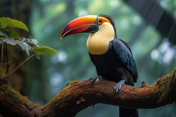 Fototapeta premium oiseau tropical, Toucan à carène, toucan arc-en-ciel, posé sur une branche de trois-quarts, en pleine forêt tropical en Amérique du Sud. Animal emblème du Bélize. 