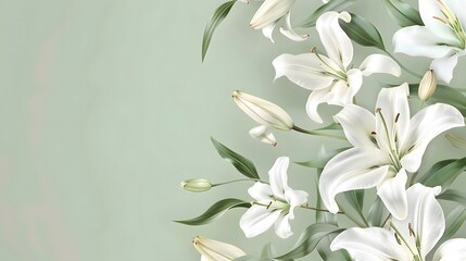 Soft green background with white lilies for mockup, presentation, background, greeting, birthday, wedding.Mourning or funeral background