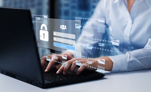   Online documentation database. AI document management system DMS concept. Data protection, cyber security concept.Internet cloud technology, exchange information and data storage concept