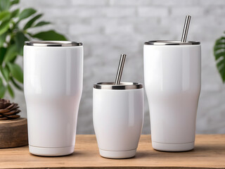 White stainless steel sublimation blank tumblers with straw, product shot design. - obrazy, fototapety, plakaty