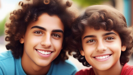 Fototapeta premium latin american teens on sunny natural background. Portrait happy cute hispanic Youngster friends. Family love and relationship sibling concept