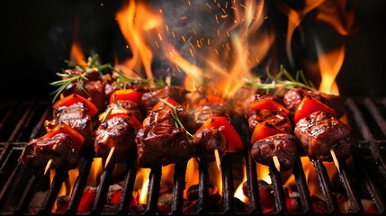 Skewers of barbecue meat kebabs with vegetables grilling on a flaming grill.