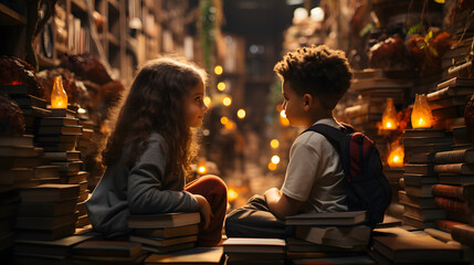 children sitting in a bookstore, looking at shelves filled with books, and talking about the books