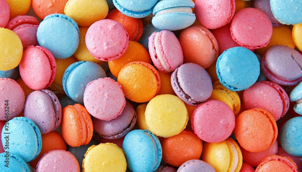 Poster assorted vibrant macarons creating a colorful and visually appealing background display.