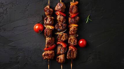 Top view of grilled meat skewers, also known as shish kebabs, arranged on a black background.