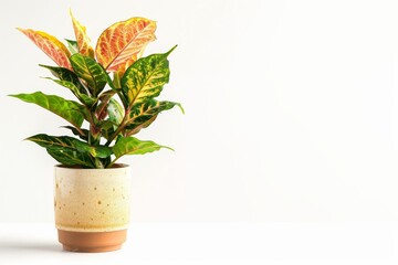 Croton (Codiaeum variegatum) in Flowerpot Closeup, Croton Macro House Plant in Flowerpot