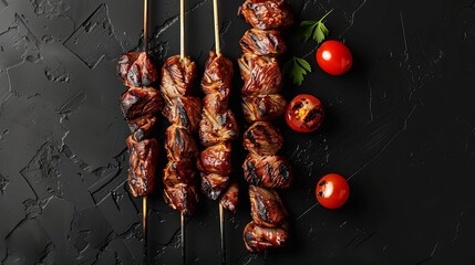 Top view of grilled meat skewers, also known as shish kebabs, arranged on a black background.