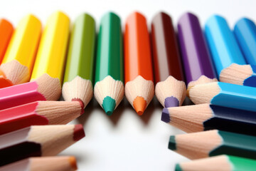 Fototapeta premium Vibrant colored pencils in a close-up view, emphasizing their sharp tips and varied hues. Perfect for showcasing creativity, art supplies, and educational tools. Invites inspiration and design.