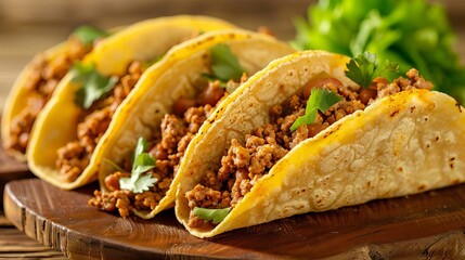 Mexican cuisine: Fresh tacos filled with ground meat.