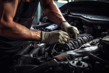 Fototapeta na wymiar Precise and professional auto mechanic's hands at work during car repair in bright setting