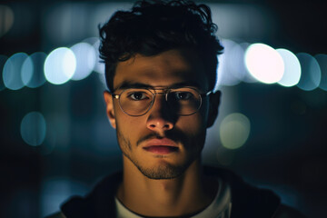 Pensive young man with glasses, night lights creating a bokeh effect behind him. - Powered by Adobe