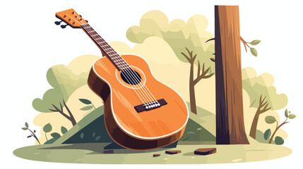 A well-loved acoustic guitar leaning against a tree