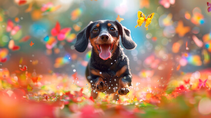 dachshund running through a meadow with butterflys