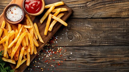 Delicious French fries served on a cutting board, placed on a wooden table background.