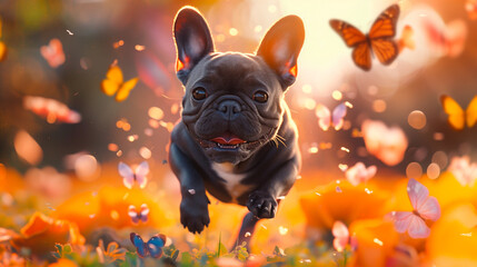 french bulldog running through a meadow with butterflys
