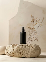 Matte black beauty product bottle on a textured limestone base, accompanied by delicate dried plants, set against a soft beige backdrop, embodying minimalist elegance with a wabi-sabi aesthetic