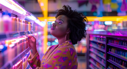African- American young woman in yellow coat shopping in a makeup store, looking at products, neon lighting. - obrazy, fototapety, plakaty