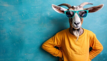 Goofy goat sporting trendy sunglasses against pastel backdrop with ample room for text placement - obrazy, fototapety, plakaty