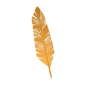 Gold feather of bird with decorative ornament on smooth golden gradient surface vector illustration