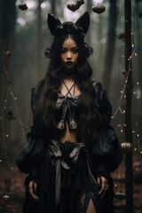 Woman in a gothic costume with cat ears in a mystical forest with hanging lights.
