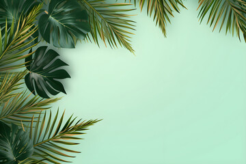 Fototapeta na wymiar Frame of palm leaves on a green background. Design template for advertising, summer cards, invitations, posters with place for text