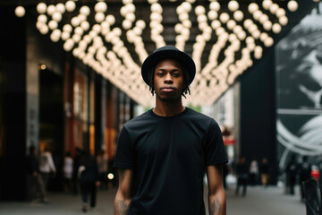 Man in a black hat and t-shirt stands confidently, with a marquee of bright lights overhead, creating a striking urban contrast.
