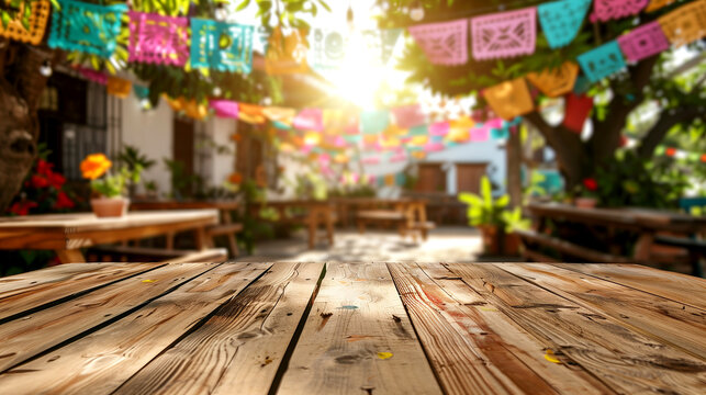 Empty wooden table with defocused decorated Mexican town, mockup scene for Cinco de Mayo holiday.