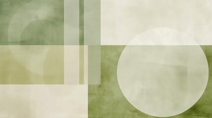 Composition with drawn geometric shapes and abstract textures, circles and squares in muted greens and beiges, vintage, grungy watercolor painting