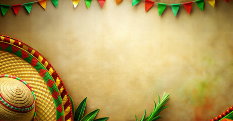 Festive mexican background with traditional sombreros, flags, and a chili pepper. Yellow backdrop for festival Cinco de mayo in Mexico - obrazy, fototapety, plakaty
