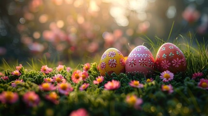 Easter egg hunt in a lush garden, full of life and excitement - obrazy, fototapety, plakaty