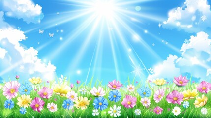 Fototapeta na wymiar Vibrant spring flower meadow under clear blue sky with blurred background, ideal for text placement