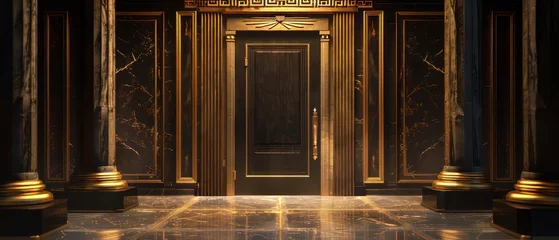 Poster interior of a royal palace castle of Egyptian empire in ancient times background. Interior of castle, Beautiful Royal palace black and gold marble, Luxury. Generative ai © Mickael