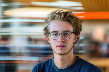 Fototapeta premium Portrait of a student thinking about his future. Blurred background, long exposure, bokeh. Created with Generative AI technology.