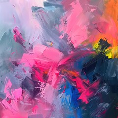 An abstract expressionist painting where vibrant strokes of pink neon paint dance across the canvas
