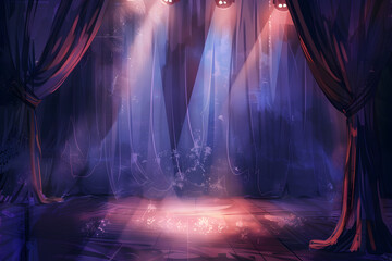 Bühnenzauber: Illustration einer Theaterbühne mit Spotlights und rotem Vorhang - obrazy, fototapety, plakaty