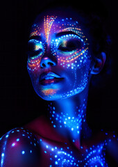 Makeup style ultraviolet lights neon colors and glow on a dark conceptual background for photo frame