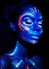 Makeup with neon lights on a dark conceptual background for photo frame