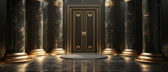interior of a royal palace castle of Egyptian empire in ancient times background. Interior of castle, Beautiful Royal palace black and gold marble, Luxury. Generative ai